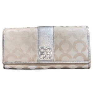 {Coach Julia Op Art Gold Monogram Canvas & Metallic Leather Long Snap Wallet}
